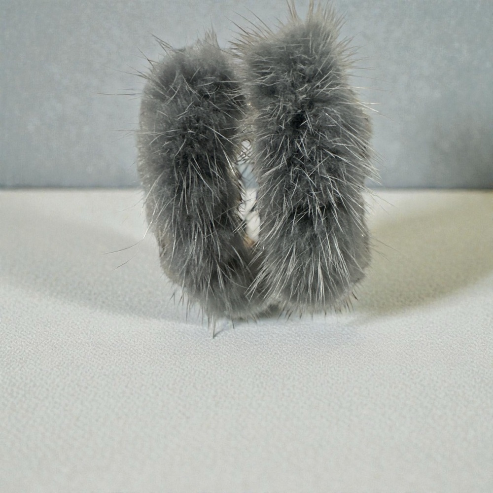 Rabbit Fur Gray Hoop Earrings - Picture 3 of 5